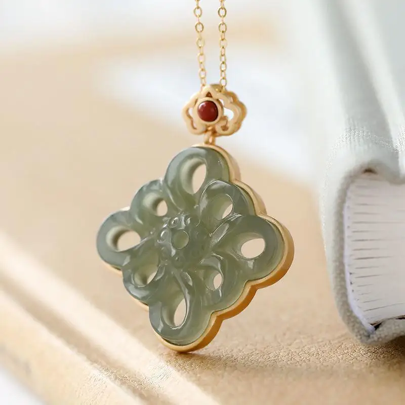 

Palace Style Gray Jade Chinese Knot Pendant S925 Sterling Silver Hetian Jade Hollow Mosaic Pendant Hanfu South Red Gold Accessor