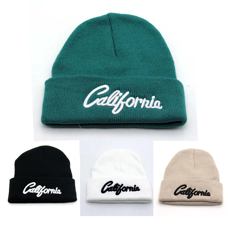 

Brand California Embroidered Knitted Bonnet Hats Winter Warm Wool Skullies Beanies Cap Korean Men Women Curled-edge Beanies Cap