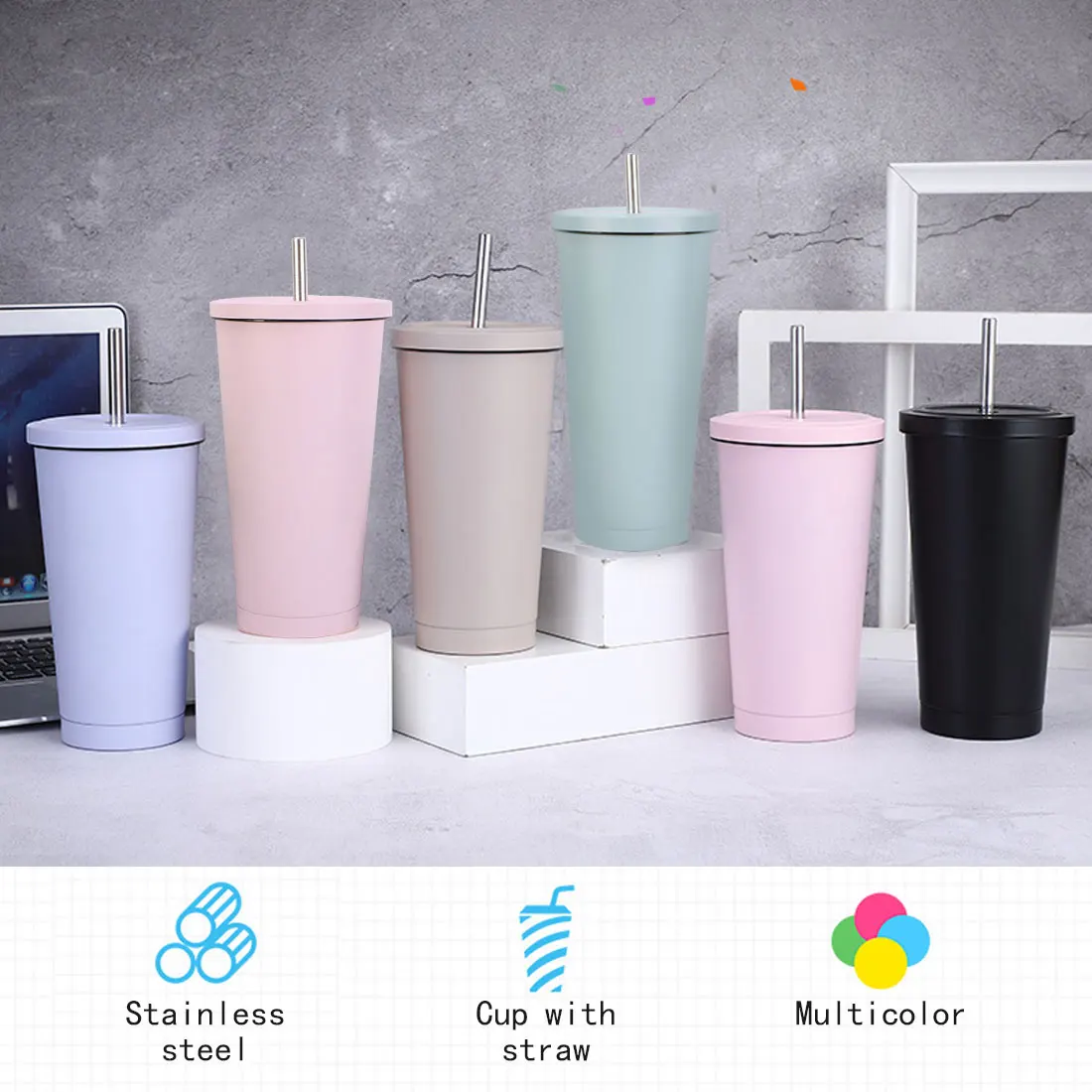 

500/750ML Stainless Steel Insulated Mug with Lid and Straw Coffee Mug Drinking Travel Mug Vacuum Flask Metal Mug Beer Glass