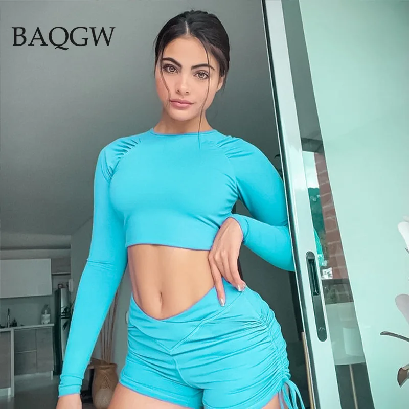 

Solid Sexy Backless Fitness Matching 2 Piece Set Long Sleeve Lace Up Crop Top Drawstring Biker Shorts Sporty Tracksuit Outfits