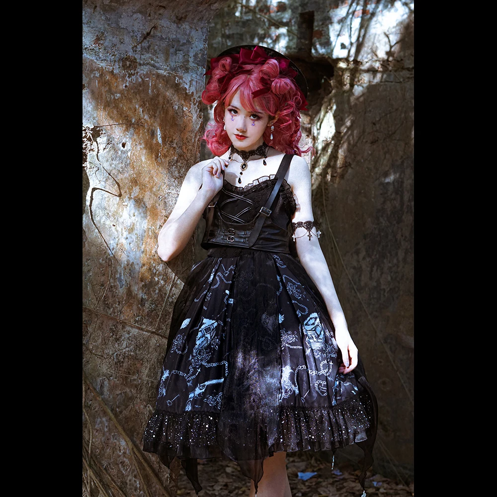 

Gothic Lolita Dress Woman Vintage Kawaii Chiffon Palace Princess Party Wear Lantern Sleeve Printed Cute Cosplay Costumes