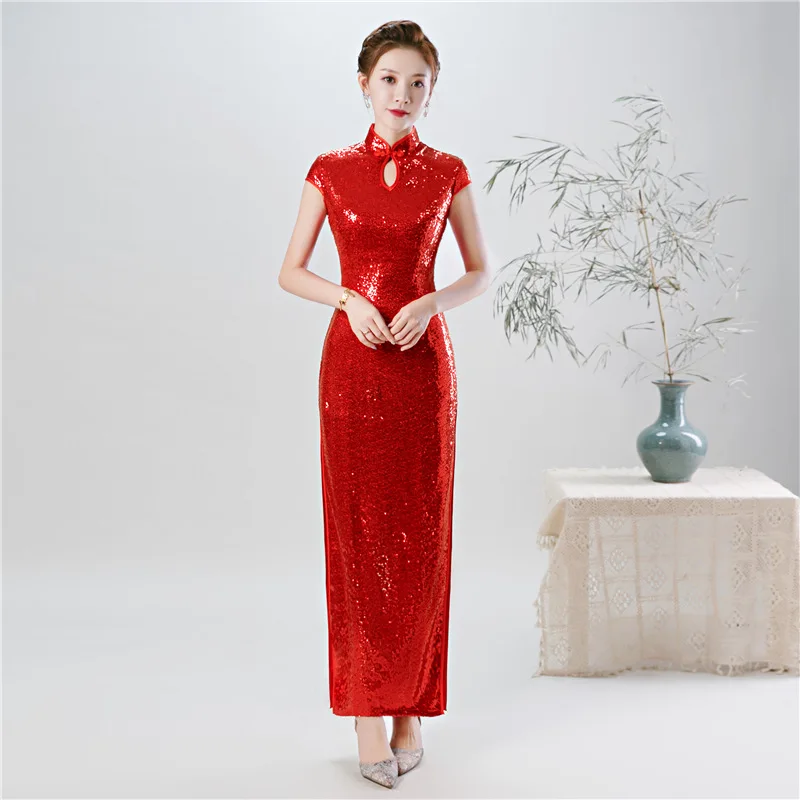 Красное Длинное китайское платье с блестками Cheongsam современное свадебное