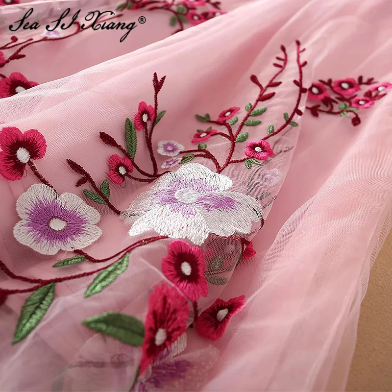 

Seasixiang Fashion Designer Summer Dress Women's V-neck Flare Sleeve Floral Embroidery Vacation Mesh Dresses