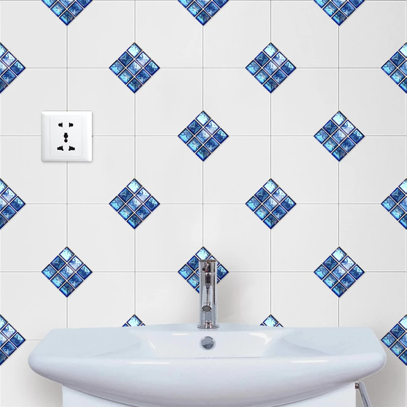 Blue Decorative Tiles Mosaic Sticker Art diy Kitchen Bathroom Grid Stickers 3d Self Adhesive Glass Mirror Poster Home Decor W220 | Дом и сад
