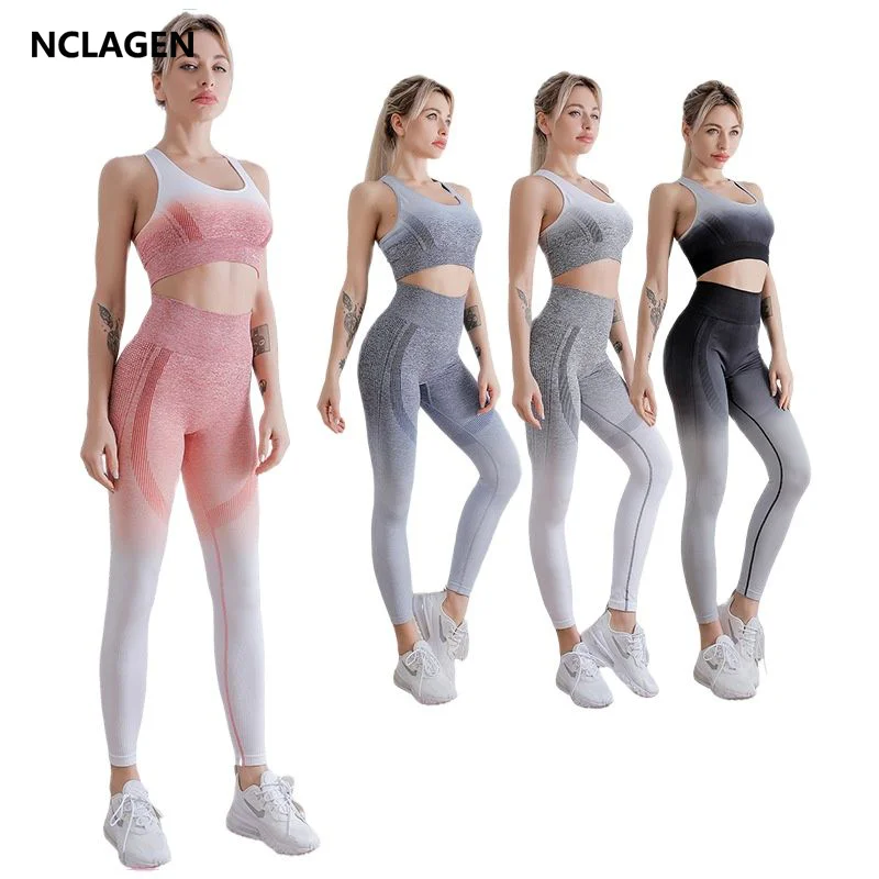 

Комплект для йоги NCLAGEN Ombre, Женский бесшовный костюм, спортивный бюстгальтер и брюки, постепенное изменение, эластичная Спортивная одежда для фитнеса, тренировок, сексуальная одежда для тренажерного зала