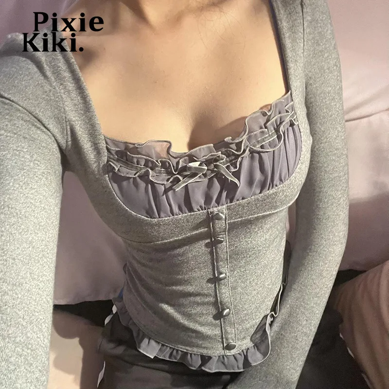 

PixieKiki Ruffle Bow Lace Mesh Fake Two-piece T Shirts Soft Girl Y2k Aesthetic Vintage Square Neck Long Sleeve Top P77-CG14