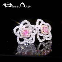 black angel elegant flowers petal inset luxury pink crystal gemstone 925 sterling silver stud earrings for women wedding jewelry