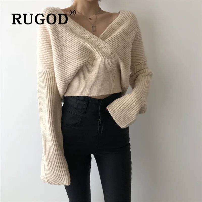 RUGOD korean chic solid female sweater pullovers v neck cross shape high waist knitted pull fashion elegant woman warm | Женская одежда
