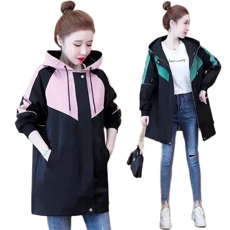 2022 модная Женская Длинная ветровка с капюшоном в стиле пэчворк на весну и осень