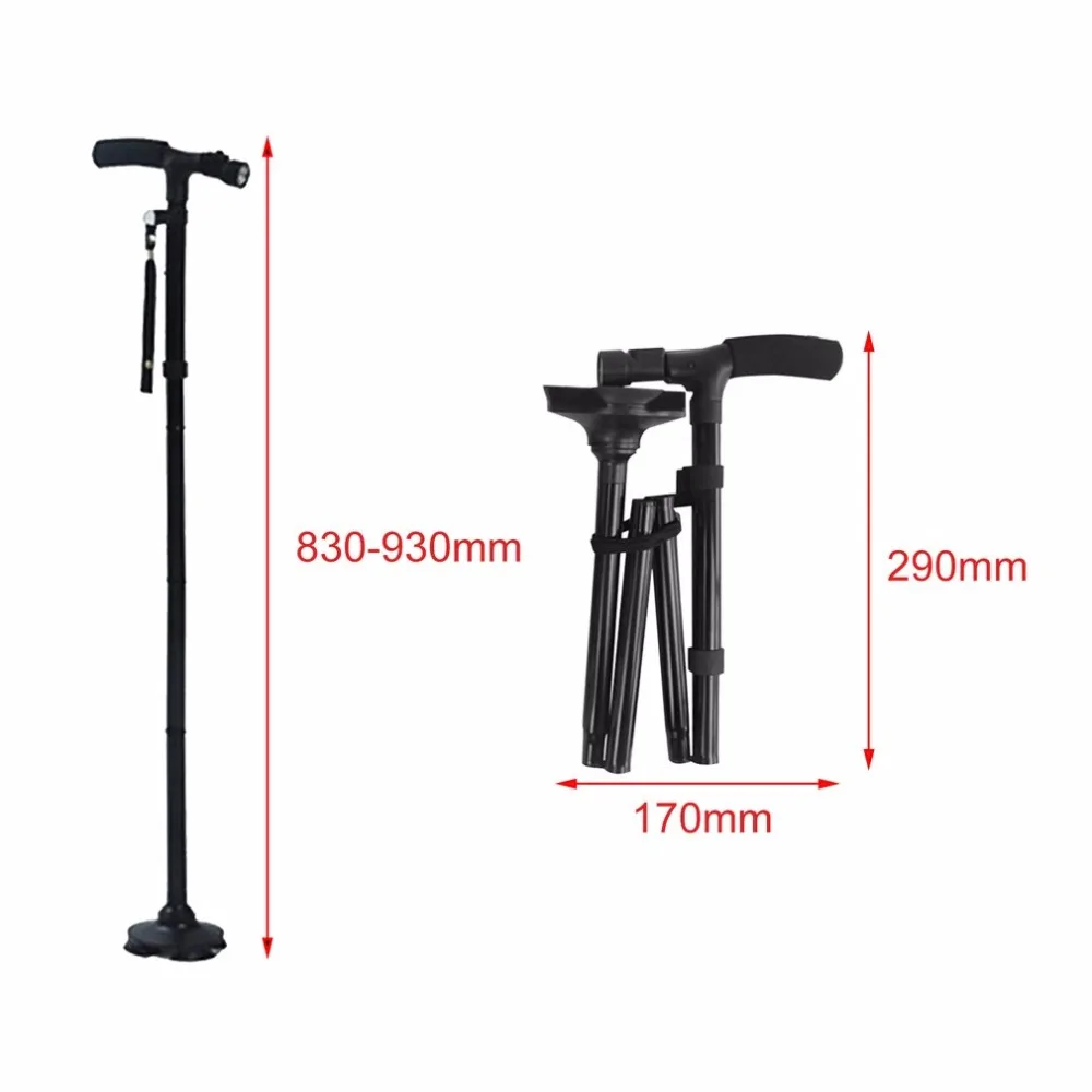 

LED Light Folding Old Man Safety Walking Stick 4 Head Pivoting Trusty Base For T-Handlebar Trekking Hiking Poles Cane for elders