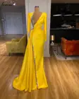 Желтые мусульманские Официальные Вечерние Платья, длинные платья с бисером и юбкой-годе, женские вечерние платья для вечеринки, платья знаменитостей в арабском стиле