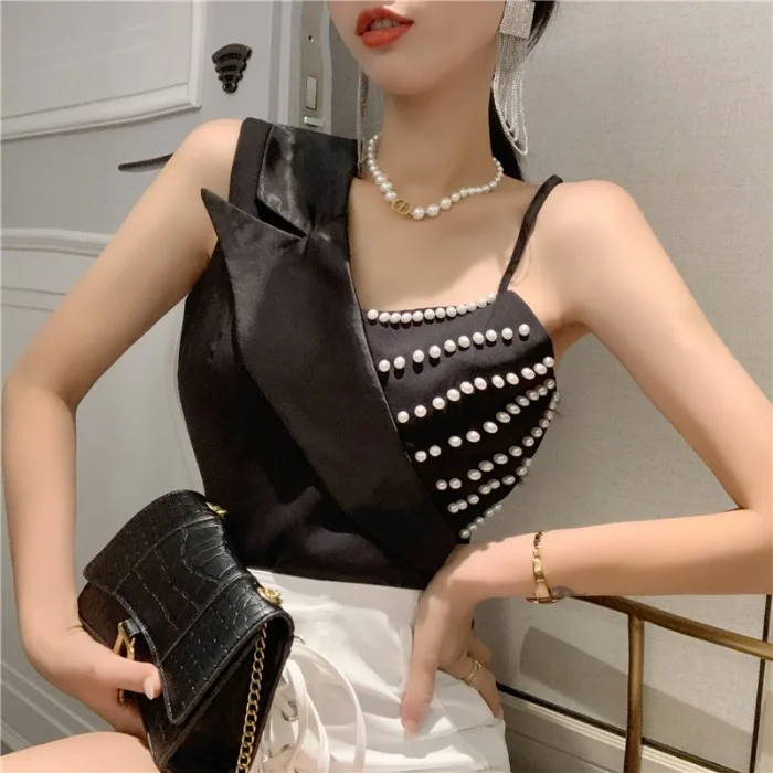 

Sexy Lady Bead Work Sleeveless Bloues Woman Sleeveless Pearl Tops Femme Irregualr Shirts Office Lady Tops