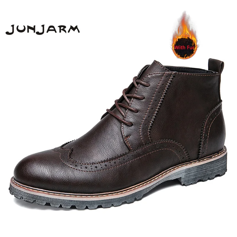 JUNJARM, модные мужские ботинки, высококачественные мужские зимние ботинки, теплые меховые плюшевые мужские зимние ботинки на шнуровке, черные мужские ботинки с перфорацией типа «броги»