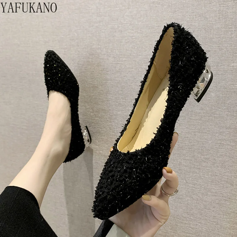 

Plus Size Ol Office Lady Shoes Faux Fur Insole Pumps Bling Woman Dress Shoe Pointed Toe Silver Heels Basic Pumps Low Heels 2022