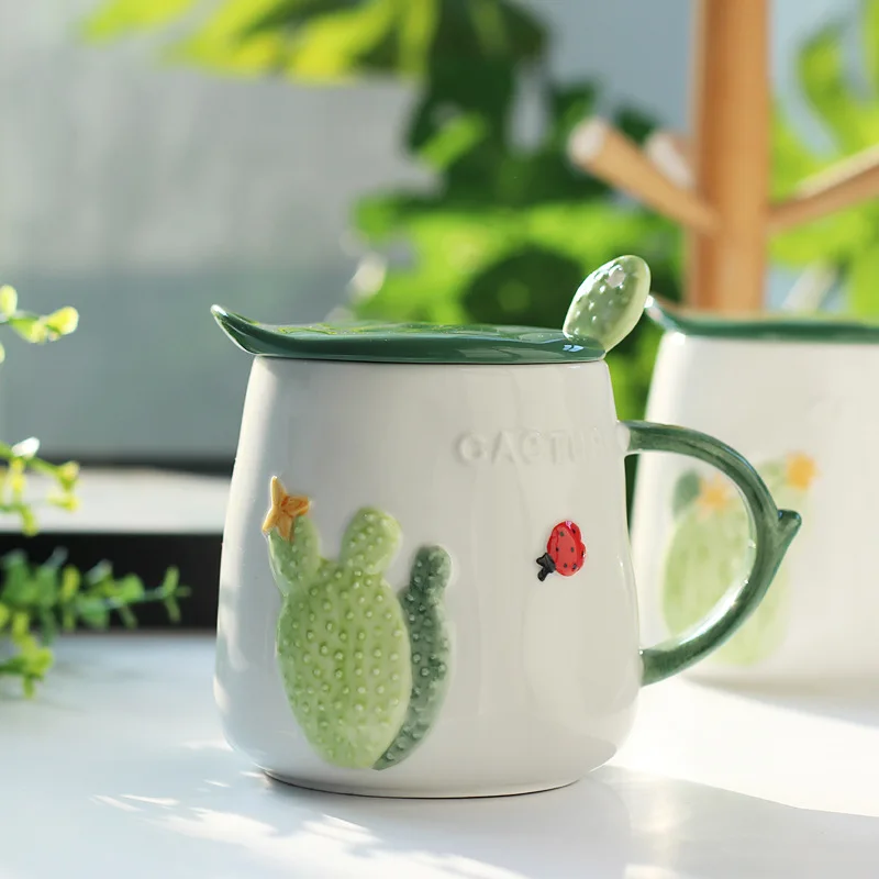 

Nordic Cactus Creative Ceramic Mug with Lid Spoon Coffee Cup Cute Water Cup Milk Breakfast Cup Children Couple Birthday Gift
