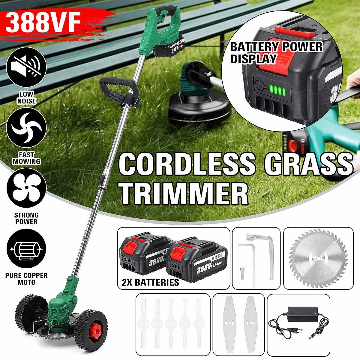 

388Vf 15000mAh Cordless Electric Grass Trimmer Double Wheel Adjustable Lawn Mower Garden Pruning Cutter Tool + 2 Makita Battery