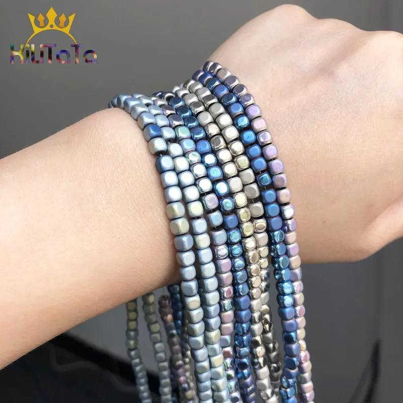 4 мм Квадратные бусины из Натурального Гематита матовые разноцветные синего