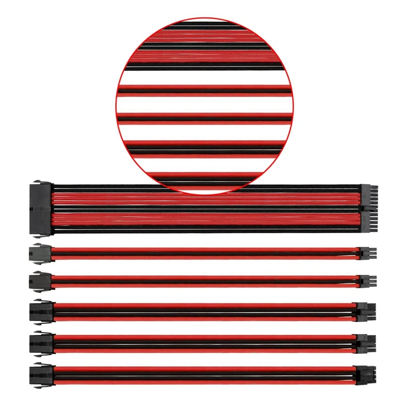 Power Supply Extension Cable Kit- Mixed Color Sleeved ATX 24Pin EPS 4+4Pin PCI-E 6+2Pin 6Pin Cord |