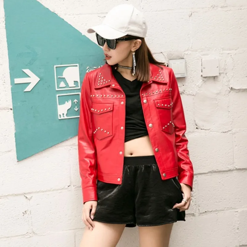 

Autumn Genuine Leather Jackets Womens 2020 New Fahsion Motor Rock Style High Street Female Jaqueta Rivet High Quality Sexy Coats