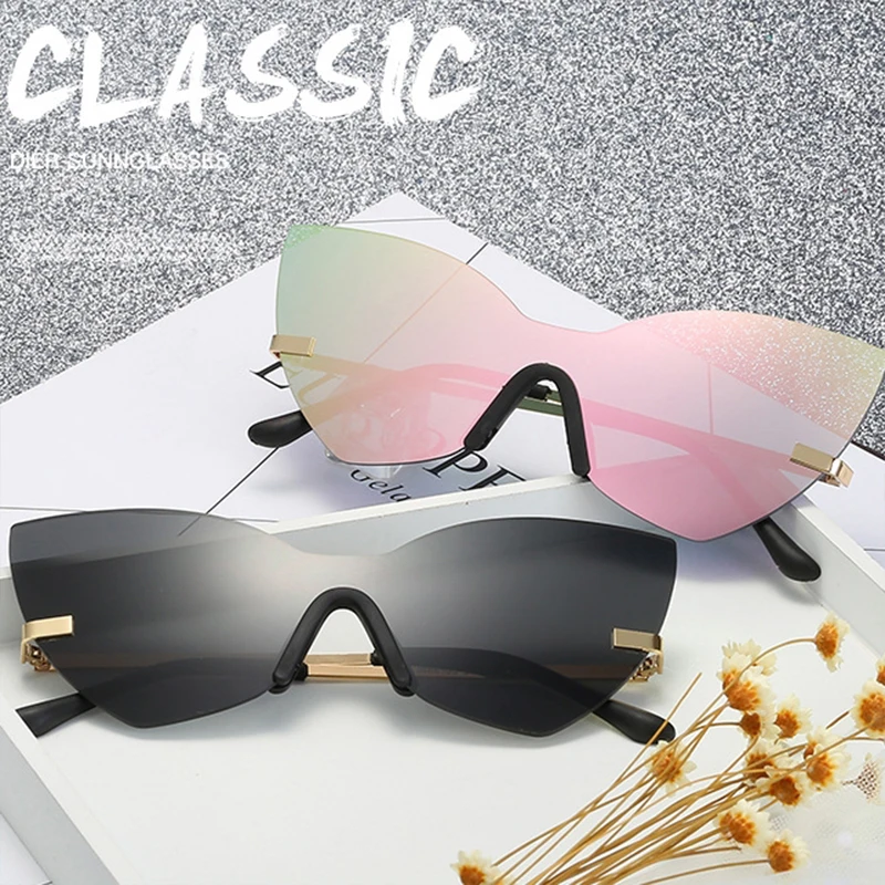

Fashion Retro Cat Eye Rimless Sunglasses For Women Brand Design Personality Metal Pink Driving Sun Glasses Female Vintage Shades
