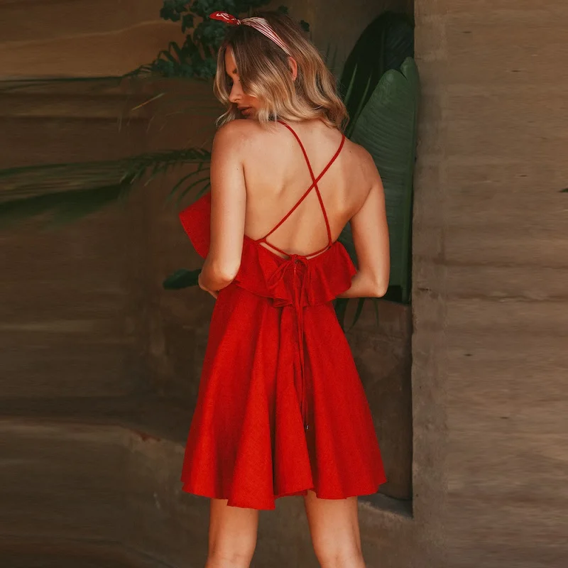 

Lossky Summer Sexy Dress Women's 2021 Backless Cross Drawstring Ruffles Bundle Waist V-neck Strap Mini Dress Summer Red Vintage
