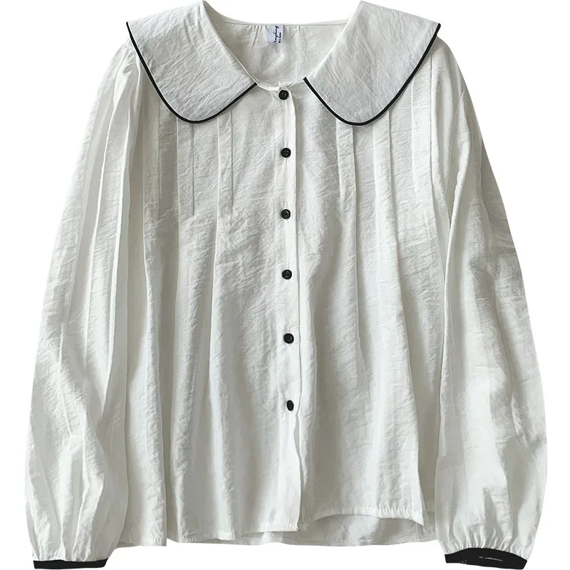 

Kimutomo Long Sleeve Shirt Women Spring 2021 New Korean Fashion Female Peter Pan Collar Single Breasted Solid Color Top Elegant