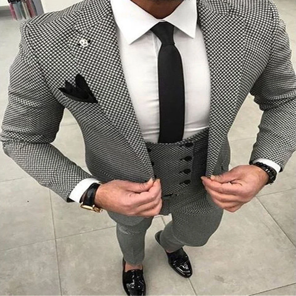 

Houndstooth Custom Made Mens Checkered Suit Dresses Tailored black Weave Hounds Tooth Check wedding men suits jacket+pants+vest