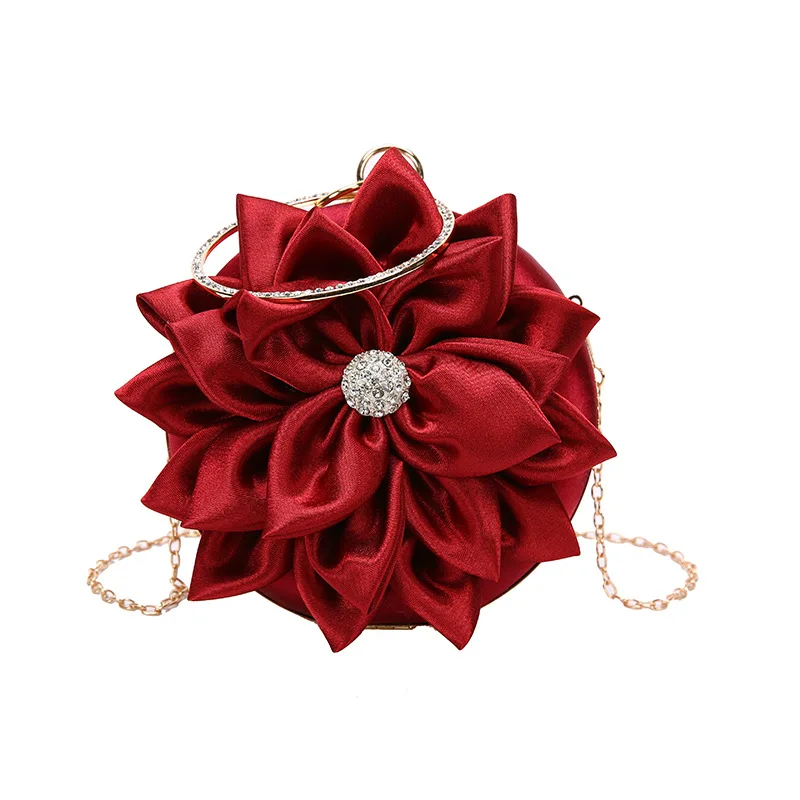 

Elegant Satin Floral Evening Mini Bag 2021 Luxury Lady's Rhinestone round Handbag Wedding Party clutch purse for women