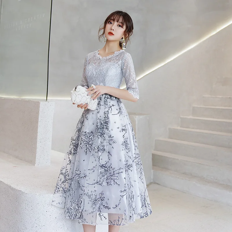 

Summer New Sexy Lace Floral Women Pleated Dresses Elegant Half Sleeve Bridesmaid Wedding Party Mesh Skirt Evening Dress Vestidos