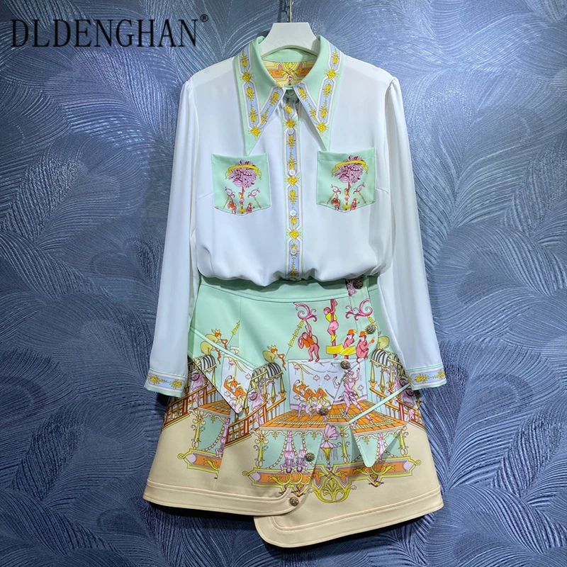 

DLDENGHAN Runway Designer Autumn Suit Women Long Sleeve Single Breasted Shirt + Crystal Button Skirt Flower Print Two-Piece Set