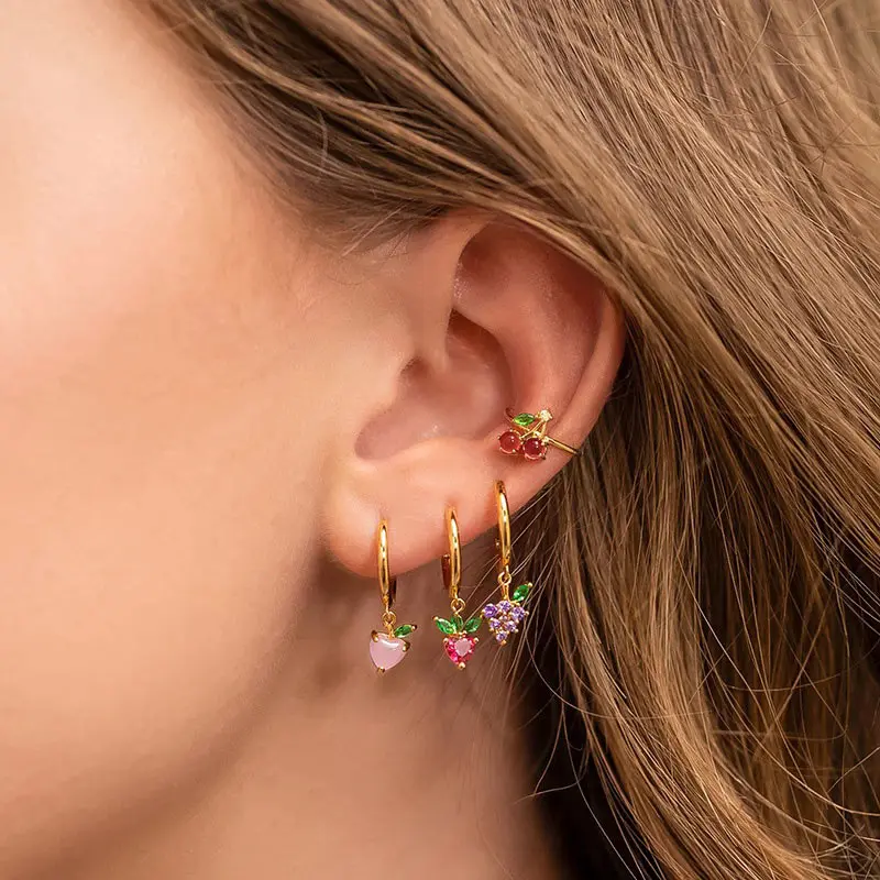 

JUST FEEL New Hot Fruit Crystal Drop Earrings for Women Multicolor Grape Apple peach Cherry Small Earrings Fashion Jewelry Gift
