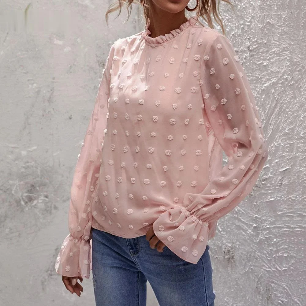 

Cashiona Plus Size Women Elegant Leisure Blouse 2021 New Summer Flare Sleeve Dot Print Transparent Shirt Blusas Ropa Mujer Femme