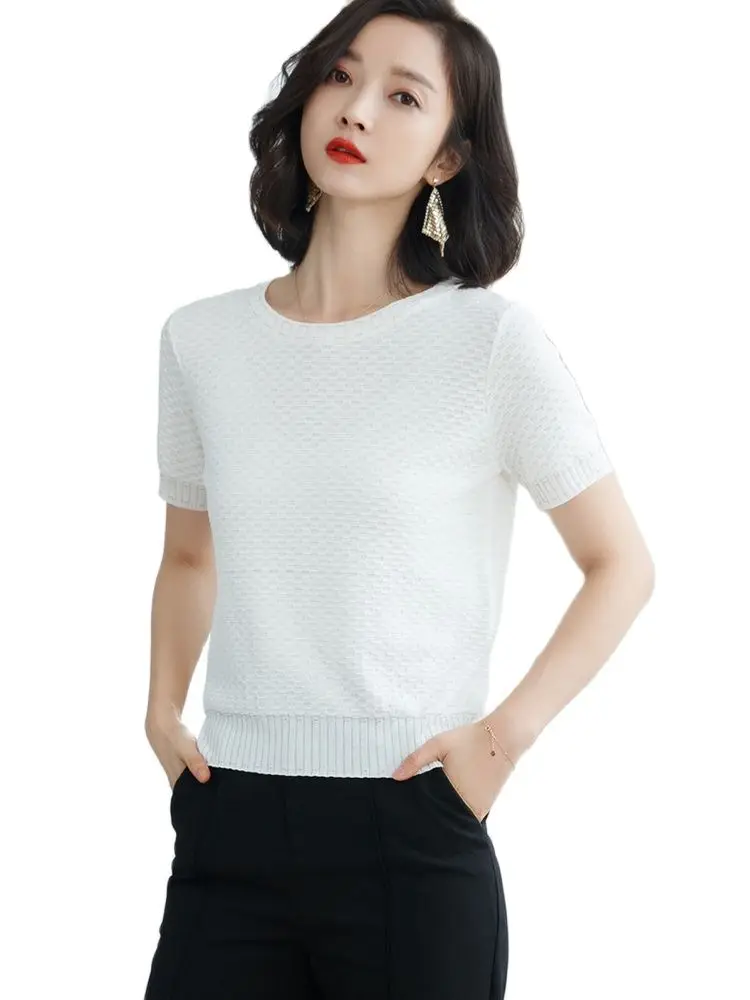 Футболка женская с коротким рукавом тонкая белая Свободная трикотажная рубашка