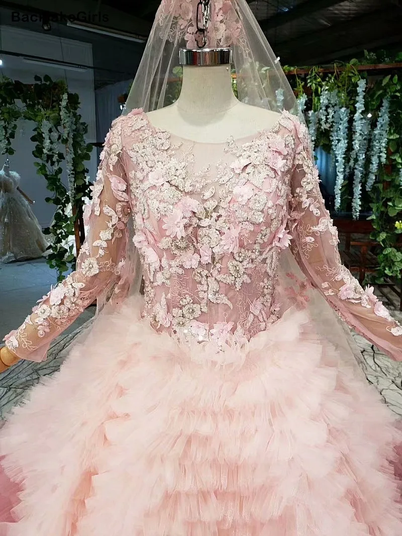 Розовое вечернее платье с длинными рукавами и круглым вырезом мусульманское