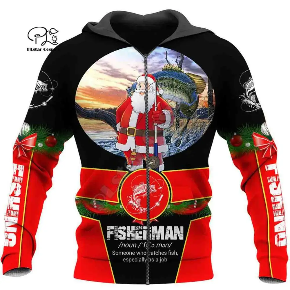 

PLstar Cosmos 3DPrint Merry Christmas Fisherman Santa Claus Unisex Harajuku Streetwear Man/Woman Funny Zip Hoodies/Sweatshirt-a1