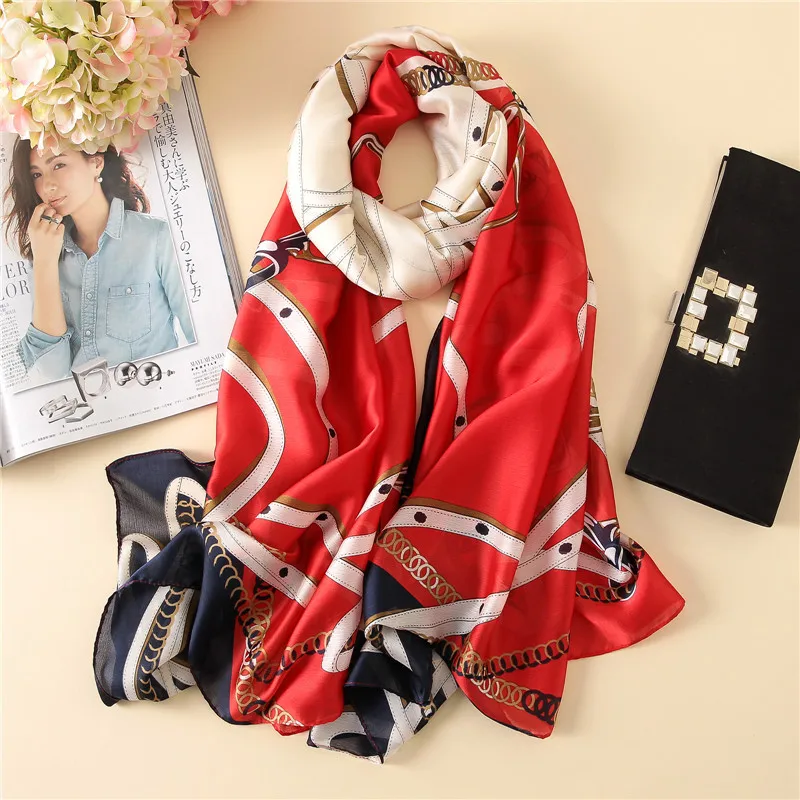 

2021 Popular Dustproof Bandana Fashion High-Grade Silk Scarf Chain Shawl Summer 180X90CM Beach Towel Korean Style Print Scarves
