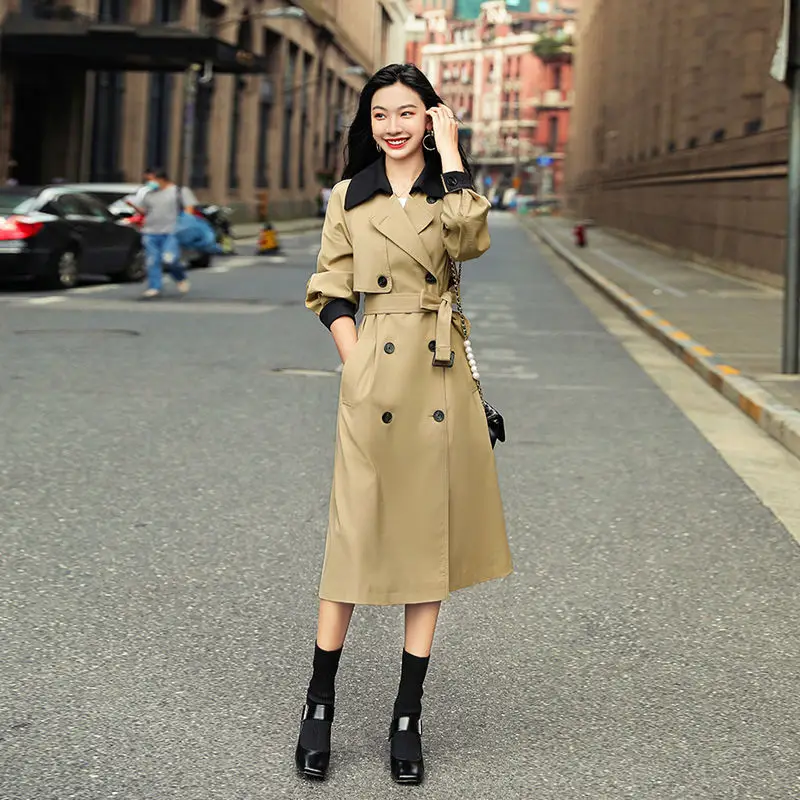 

Women Long Trench Coat Jackets Spring Autumn Double Breasted With Sashes Coat 2022 Patchwork Chic Lady Windbreaker Outerwear