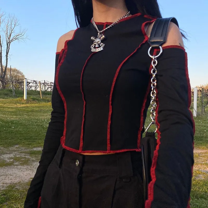 

Женская футболка с вырезами Goth, укороченный Топ с длинным рукавом, футболка в стиле панк, одежда в готическом стиле на осень и зиму, 2021