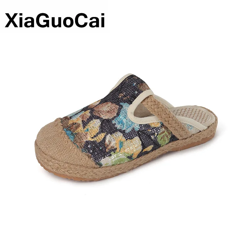 Spring Autumn Women Shoes Anti-slip Flower Cloth Casual Breathable Ladies Linen Slippers Indoor Retro Mixed Color Female Slipper