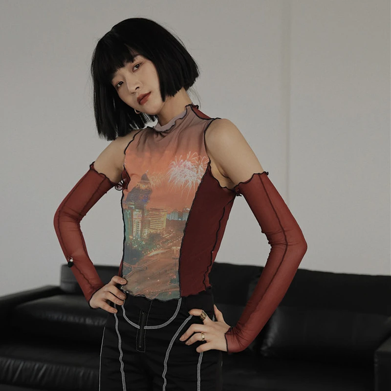 

2021 Print Dark Red Women's T-shirt Single Sleeve Strapless High Neck See-through Women's Top Summer