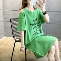 summer cotton korean mid length ins short sleeved large size cover belly loose college style t shirt dress