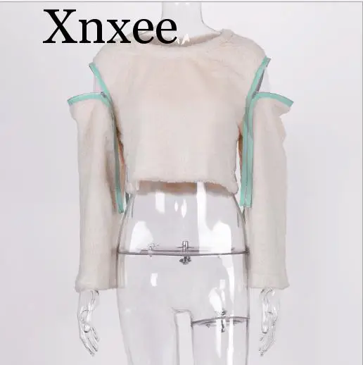 

Womens Plush Sweaters Crop Tops Warm Autumn New Women's Zipper Shoulder Buckle Plush Short Top