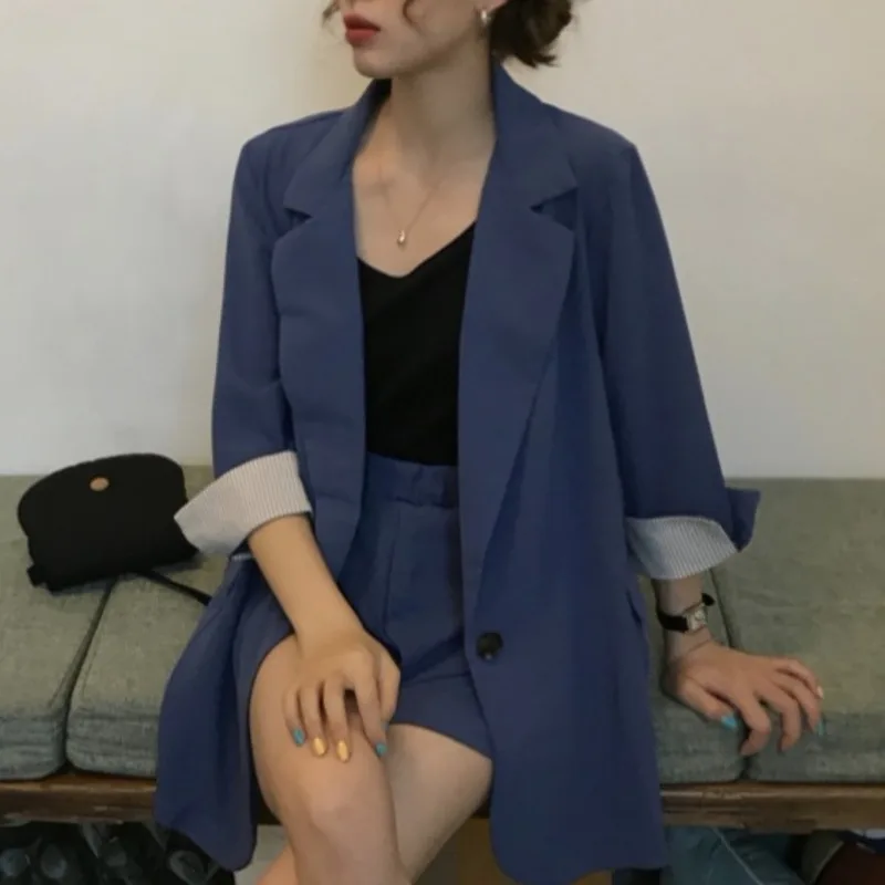 

SHENGPALAE Korea chic fashion women casual blue blazer new autumn 2021 notched single breatsed loose three quarter suit jacket