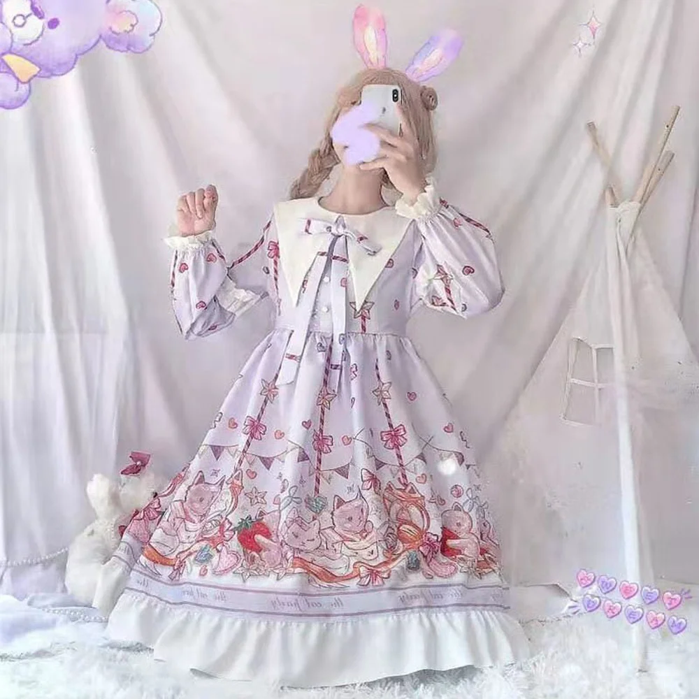 

Summer Japanese Lolita JSK Dress Sweet Lolita Dresses Female Soft Girls Fungus Women Lace High Waist Ruffle Dress