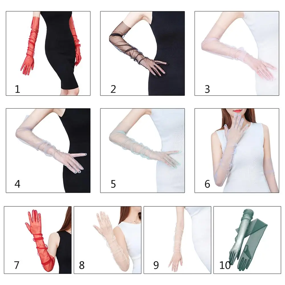 

Women Tulle Arm Length Wedding Gloves Solid Color Sheer Vintage Opera Mittens