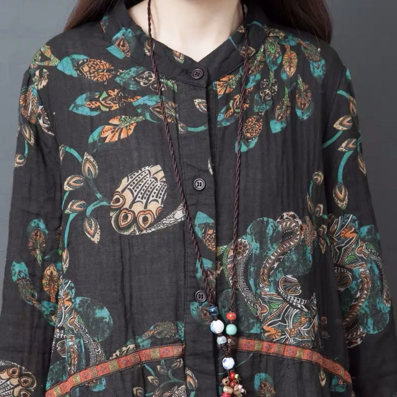 Женское платье в стиле ретро Johnature свободное с длинными рукавами и круглым