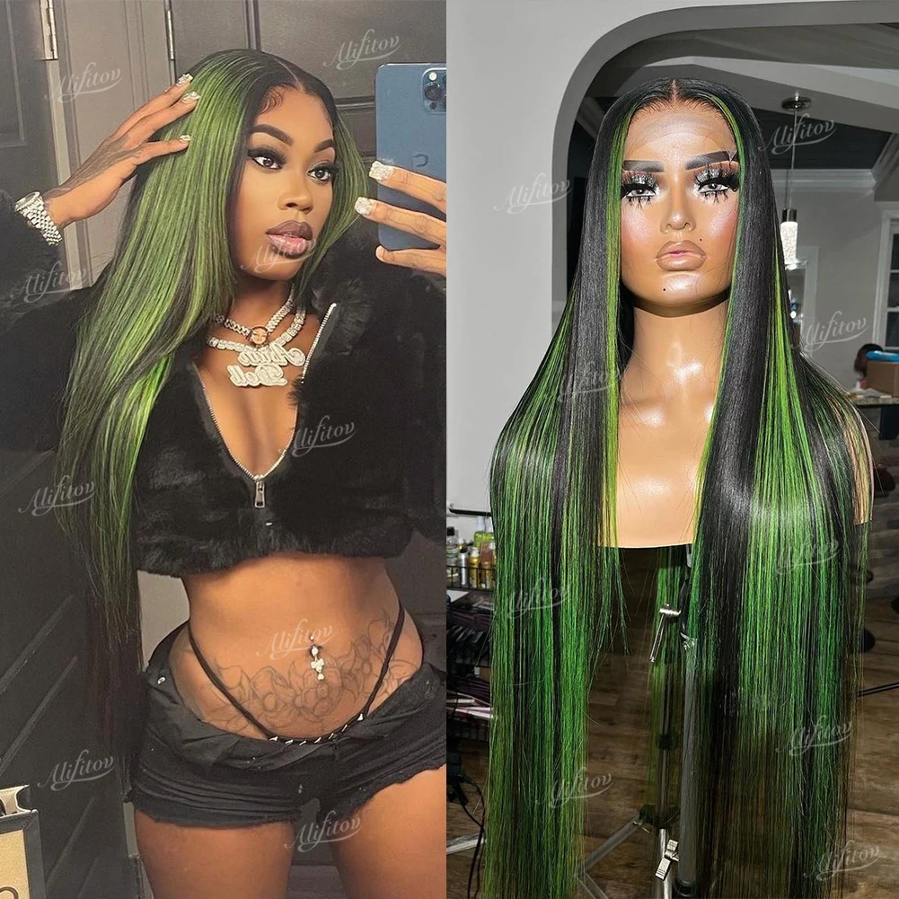 

Натуральный цвет зеленый выделитель парик из человеческих волос парики ALIFITOV предварительно выщипанные прямые кружевные передние парики ...