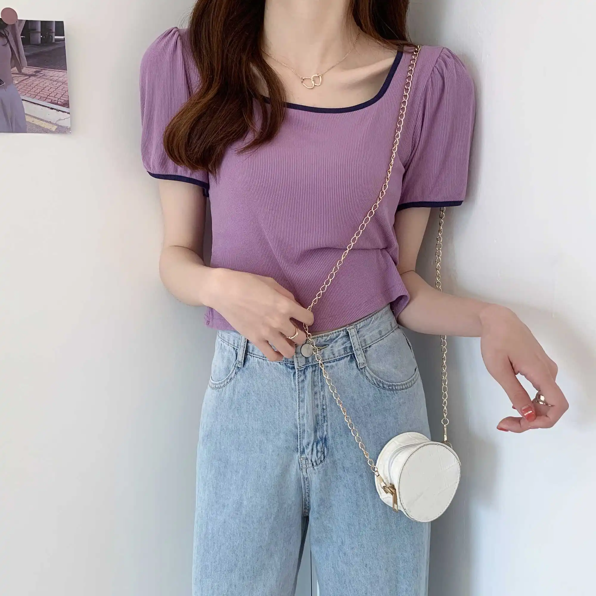 

Short Sleeve New Small Shirt Women's High-End Western Style French Collarbone Square Collar Puff Sleeve Versatile Short Top