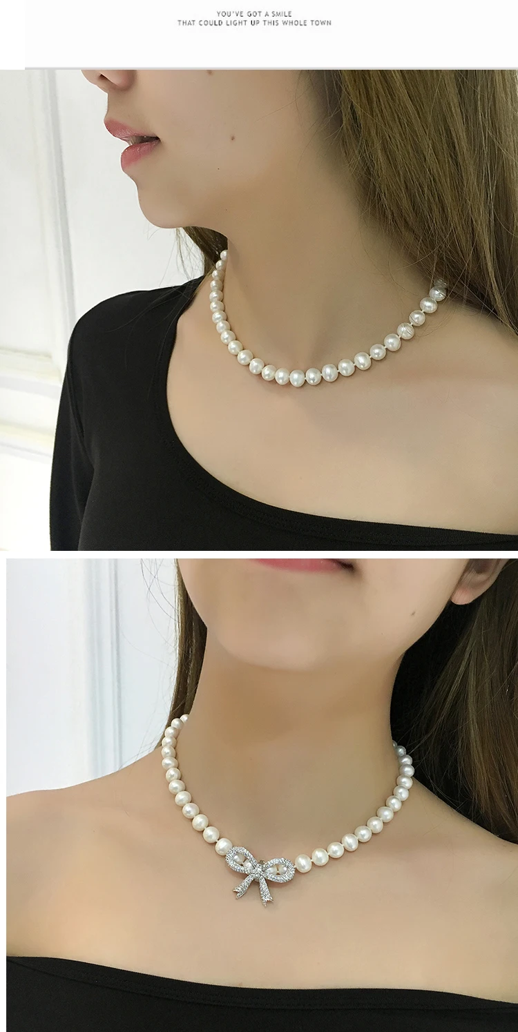 

Hot sell new style 43cm 8-9mm white freshwater pearl necklace zircon bowknot accessories sweater chain fashion jewelry