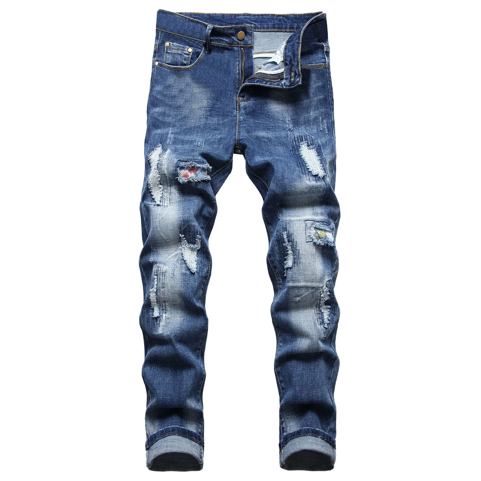 

54# Feitong Jeans Men's Denim Pants Casual Fashion Holes Slim-cut Retro Sexy High Street Jeans And Trousers Men's Clothing